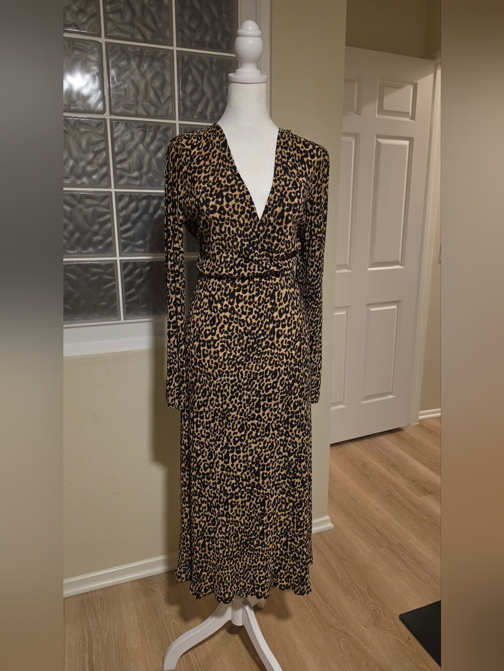 Mango Leopard-Print Long Sleeve Wrap Maxi Dress in Tan and Black